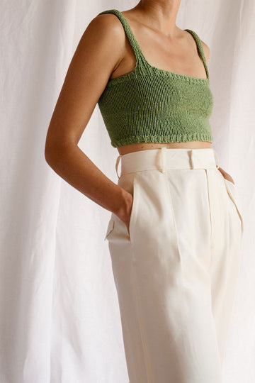 Hand knit square neck crop top in olive green
