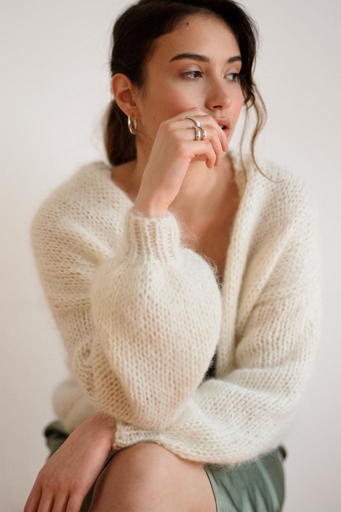 Hand knit mohair bomber cardigan in off white color