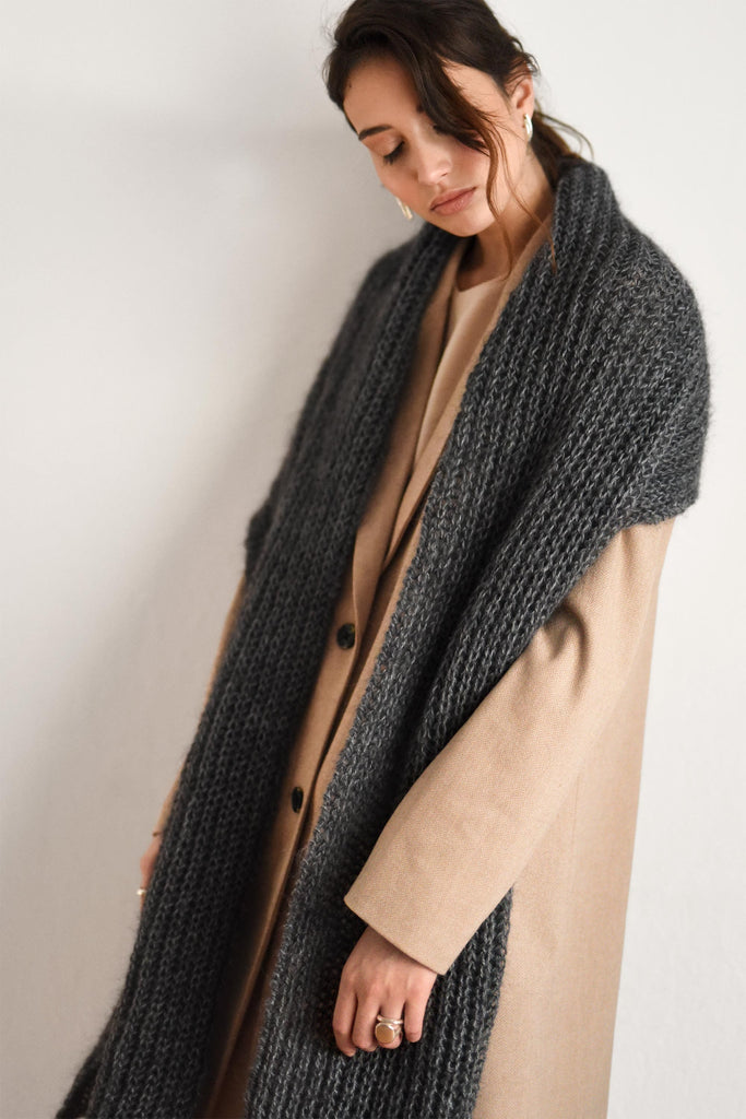 Hand knit mohair wrap scarf in dark grey