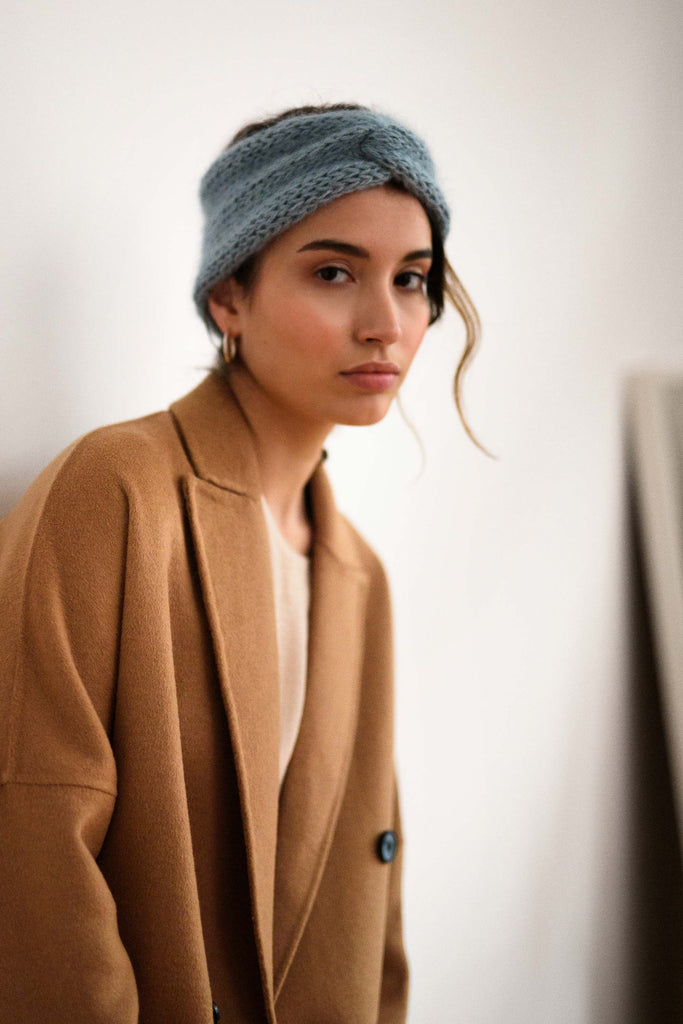 Hand knit mohair turban in pastel blue color