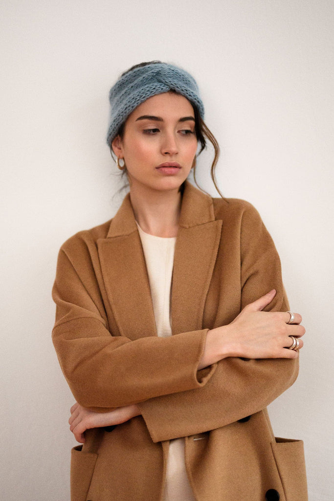 Hand knit mohair turban in pastel blue color