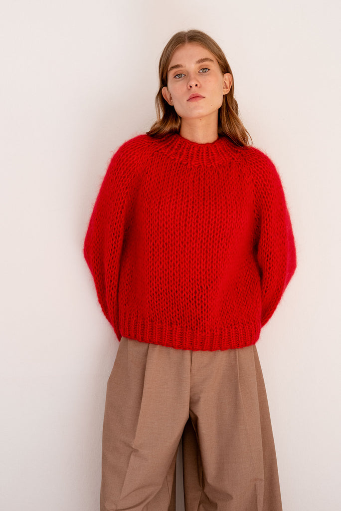 Hand knit red mohair sweater