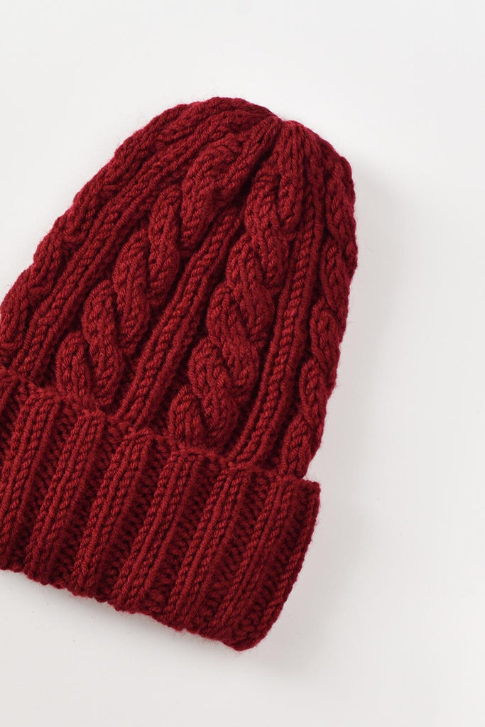 Hand knit wool beanie in burgundy