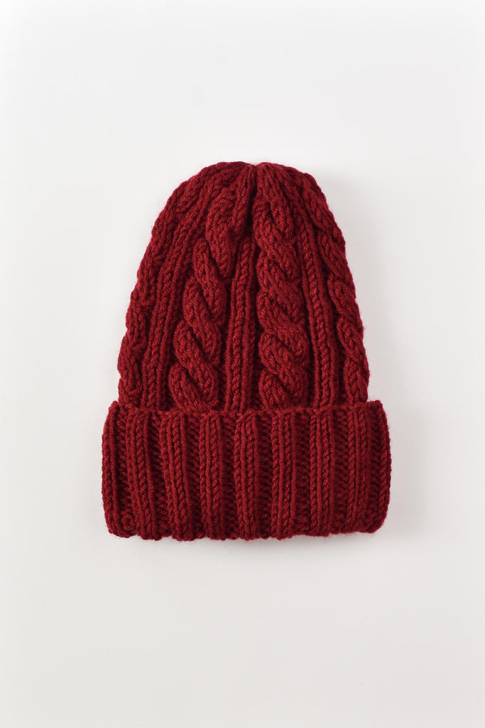 Hand knit wool beanie hat in burgundy