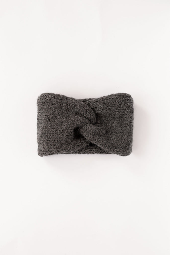 Hand knit wool turban headband in dark grey
