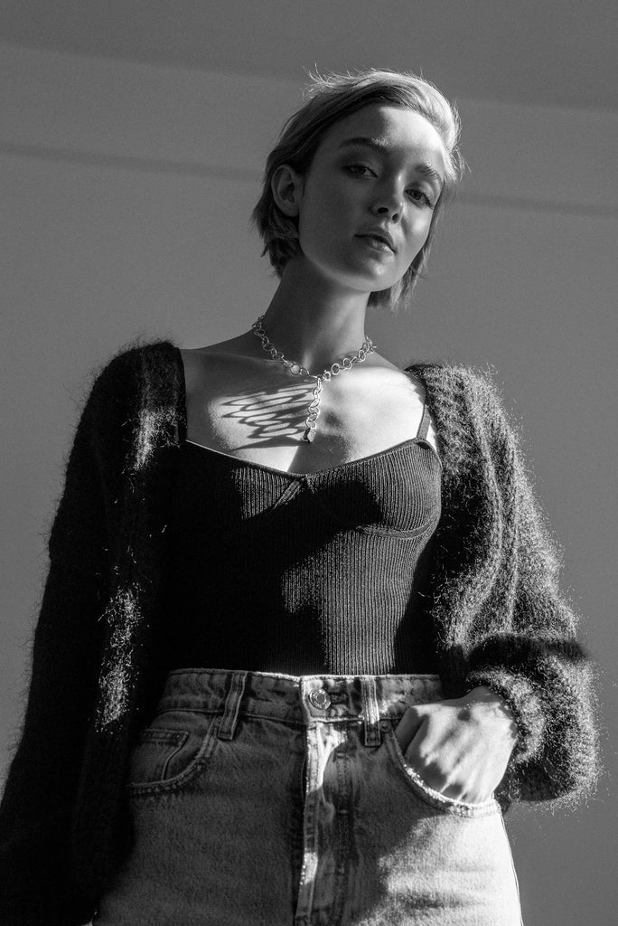 Hand knitted mohair bomber cardigan in night black