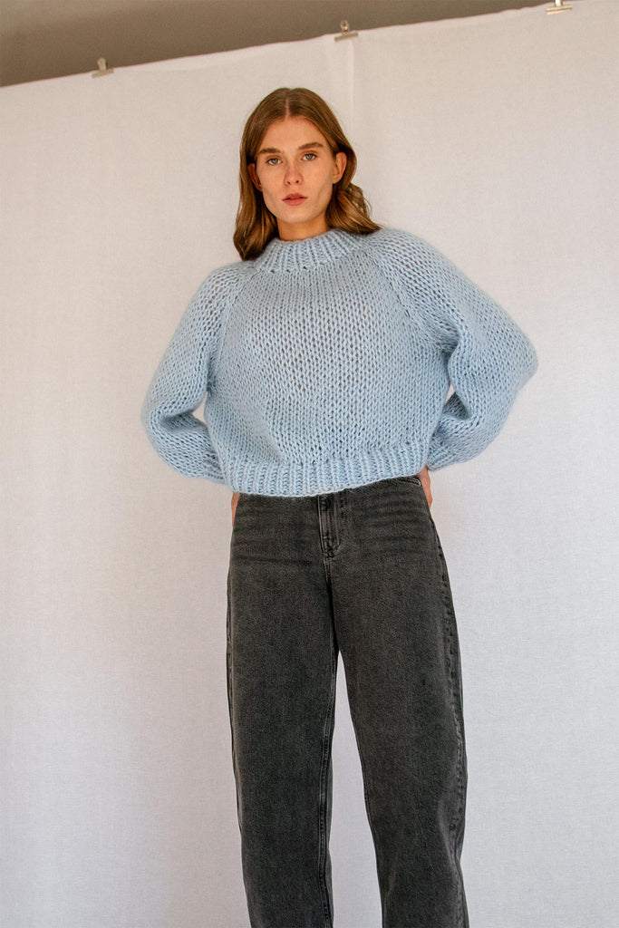 Handknit mohair sweater in ice water