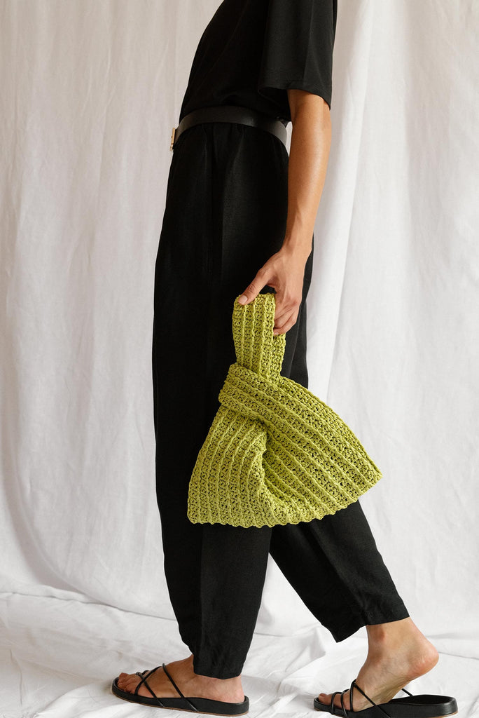 Handmade raffia knot bag in lime