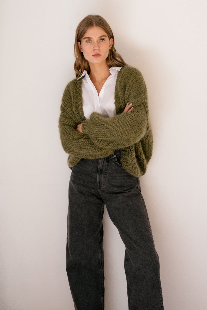 Khaki green mohair bomber cardigan