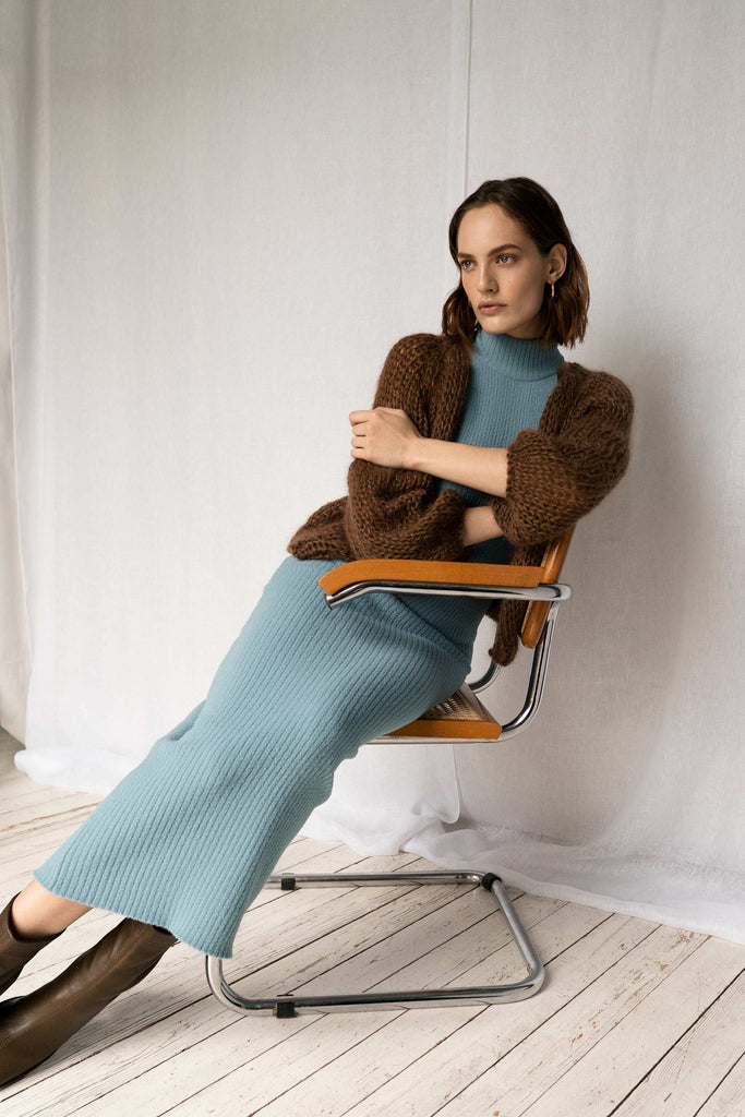 Airy Mohair Bomber in cocoa on model