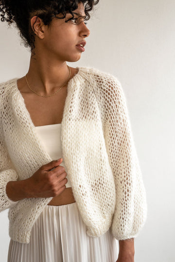 The airy mohair bomber in cloud off white color