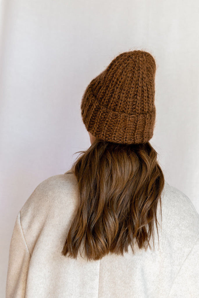 Mohair beanie hat in brown cocoa