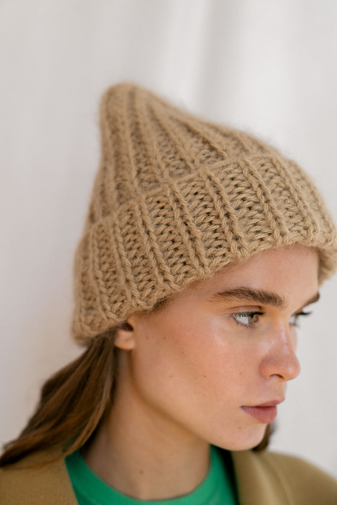 Mohair beanie hat in Honey beige color