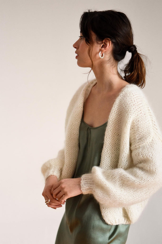 Side view of the mohair bomber cardigan in cloud