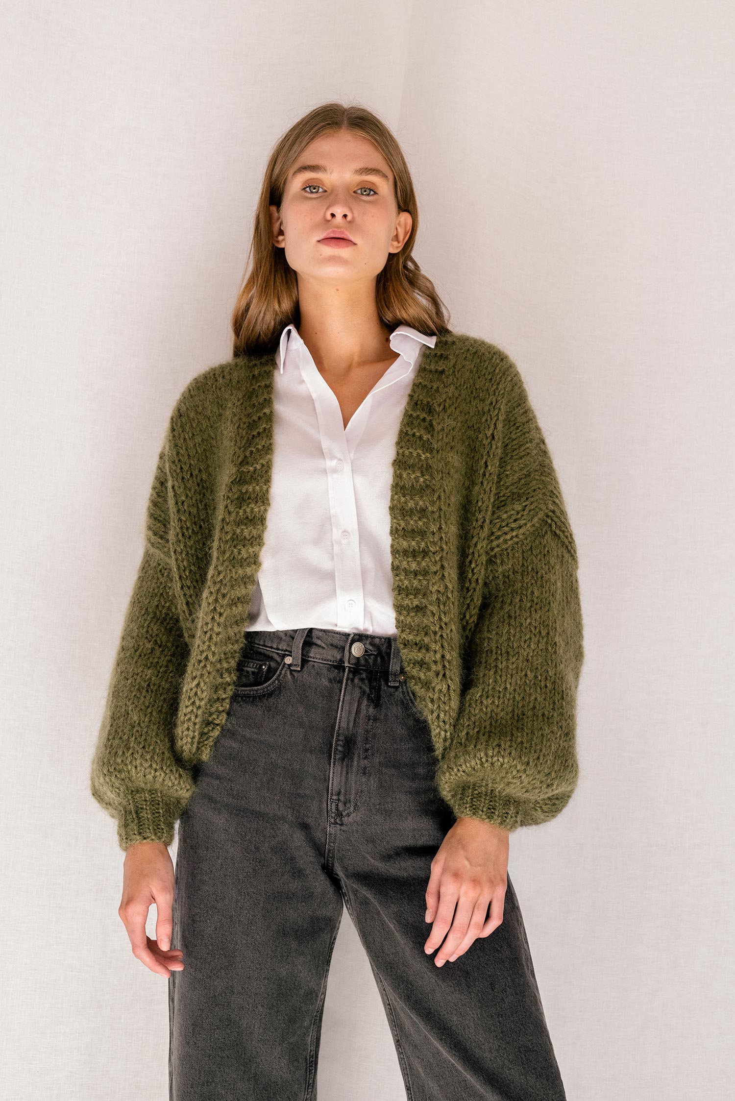 トップス Mohair Cardigan Military Green M Mohair Cardigan – Green Diamond Jacquard | Needles x