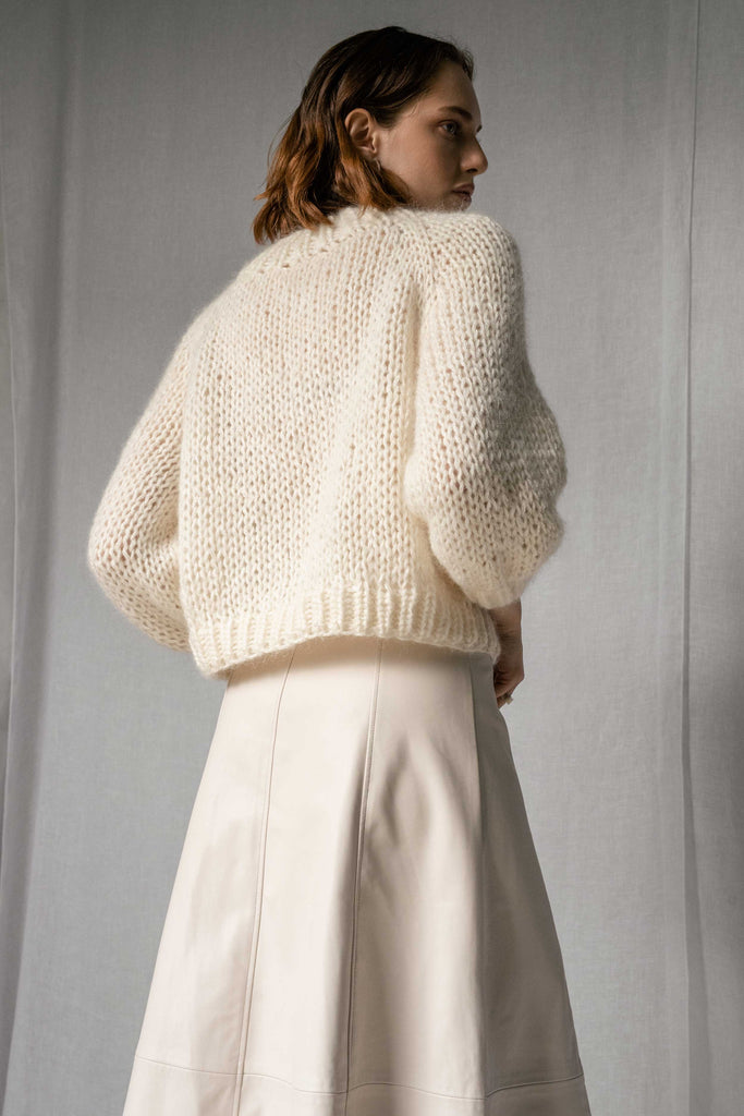 Back of the mohair Chunky Braid Sweater in Cloud