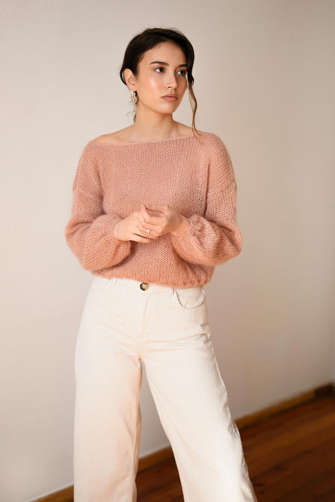 Mohair deep v sweater in petal pink