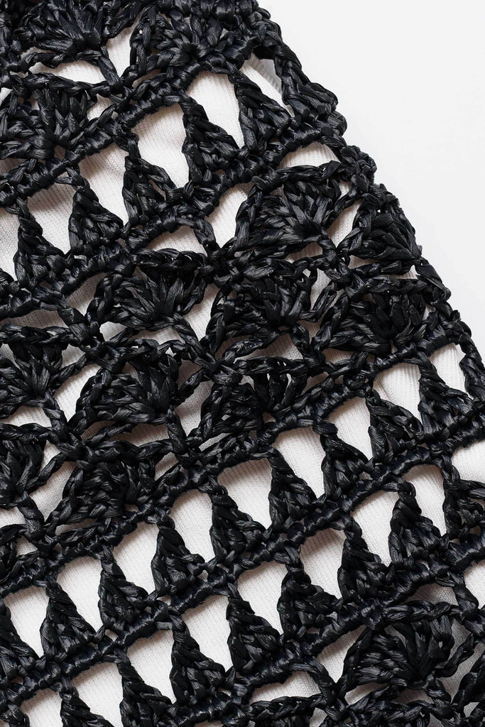 Detail of the crochet raffia handbag in black
