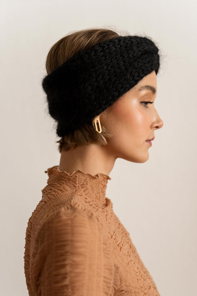 Side view of the knit mohair turban in night black color