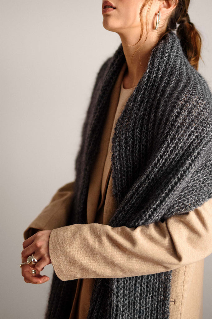 Side view of the mohair wrap scarf in pebble