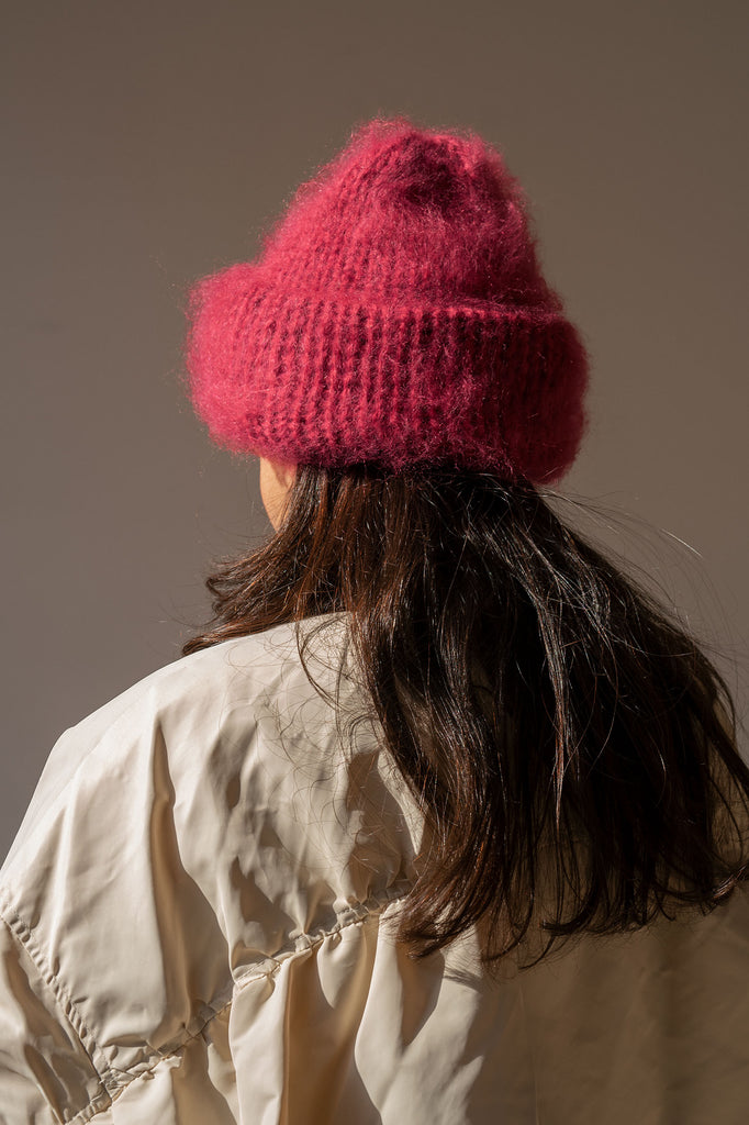 Soft brushed mohair winter hat in cerise