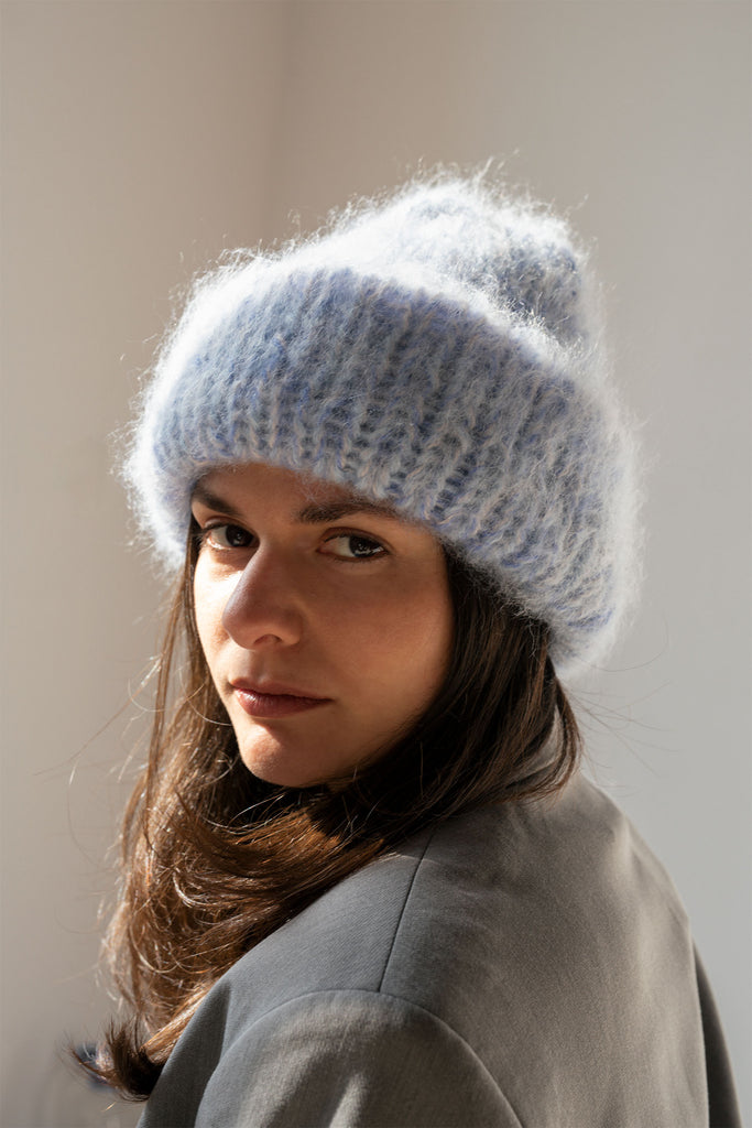 Soft mohair beanie in sky mix